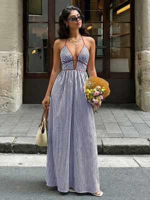Stripes Color-blocked Splicing V-neck Hollow Maxi Dresses