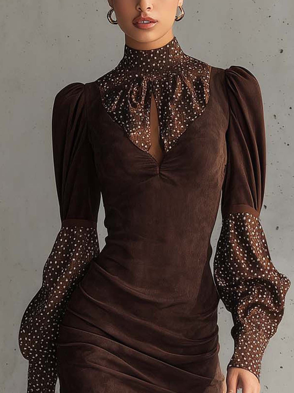 Simulated Silk Polka Dot Patchwork Suede Bodycon Mini Dress