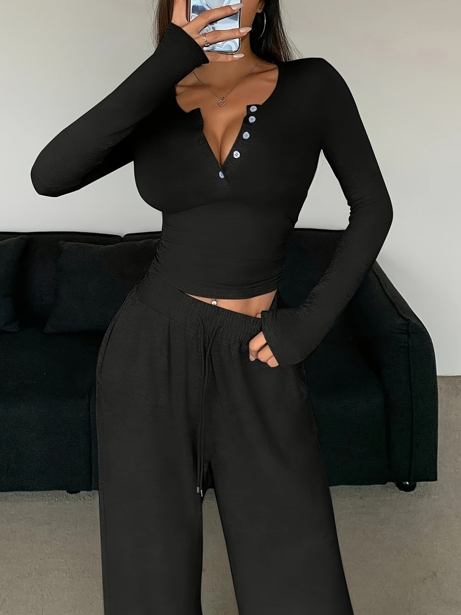Long Sleeve Buttons Solid Color Tight Top Pants 2-piece Sets