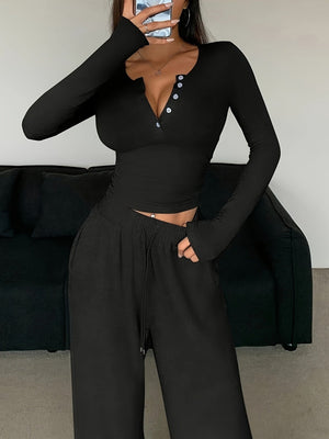 Long Sleeve Buttons Solid Color Tight Top Pants 2-piece Sets