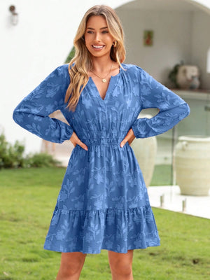 V-neck, Jacquard, Elastic Waist, Full Skirt, Long Sleeves, Ruffled Hem Short Dress