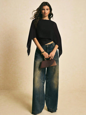 Cape-sleeve T-shirt, Round Neck, Loose Chiffon Cover-up, Elegant Irregular Top/T-shirt