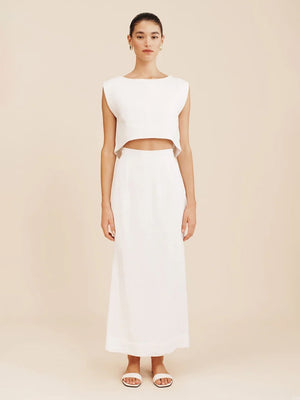Cotton And Linen Loose-fitting Crew Neck Cropped Vest High-waisted Midi Skirt Set 2-piece Sets