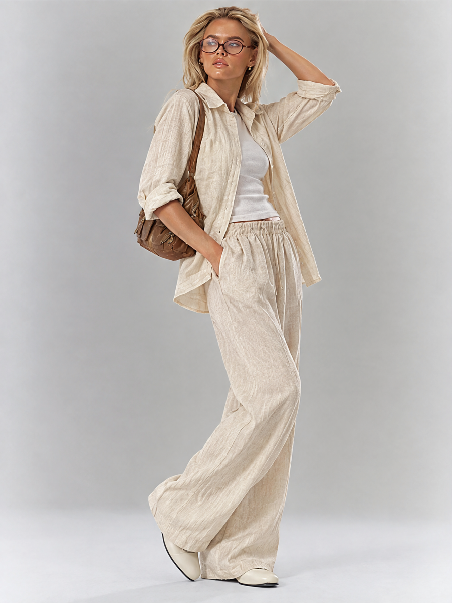 Solid Color Shirt And Trousers Set, Long-sleeved Shirt And Loose Trousers, Two-piece Set