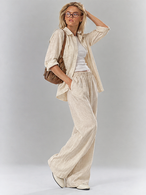 Solid Color Shirt And Trousers Set, Long-sleeved Shirt And Loose Trousers, Two-piece Set