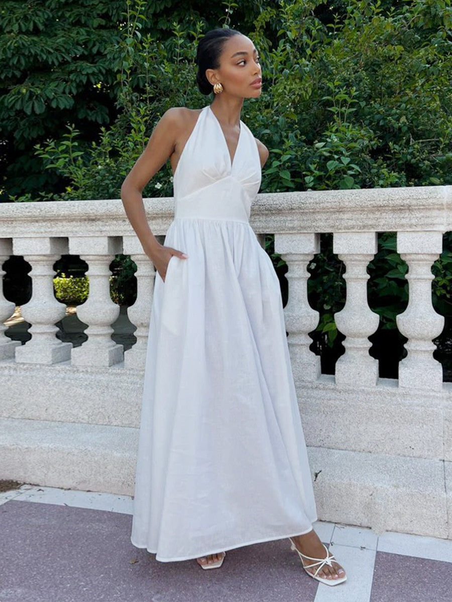 Halter V-neck Solid Color Maxi Dresses