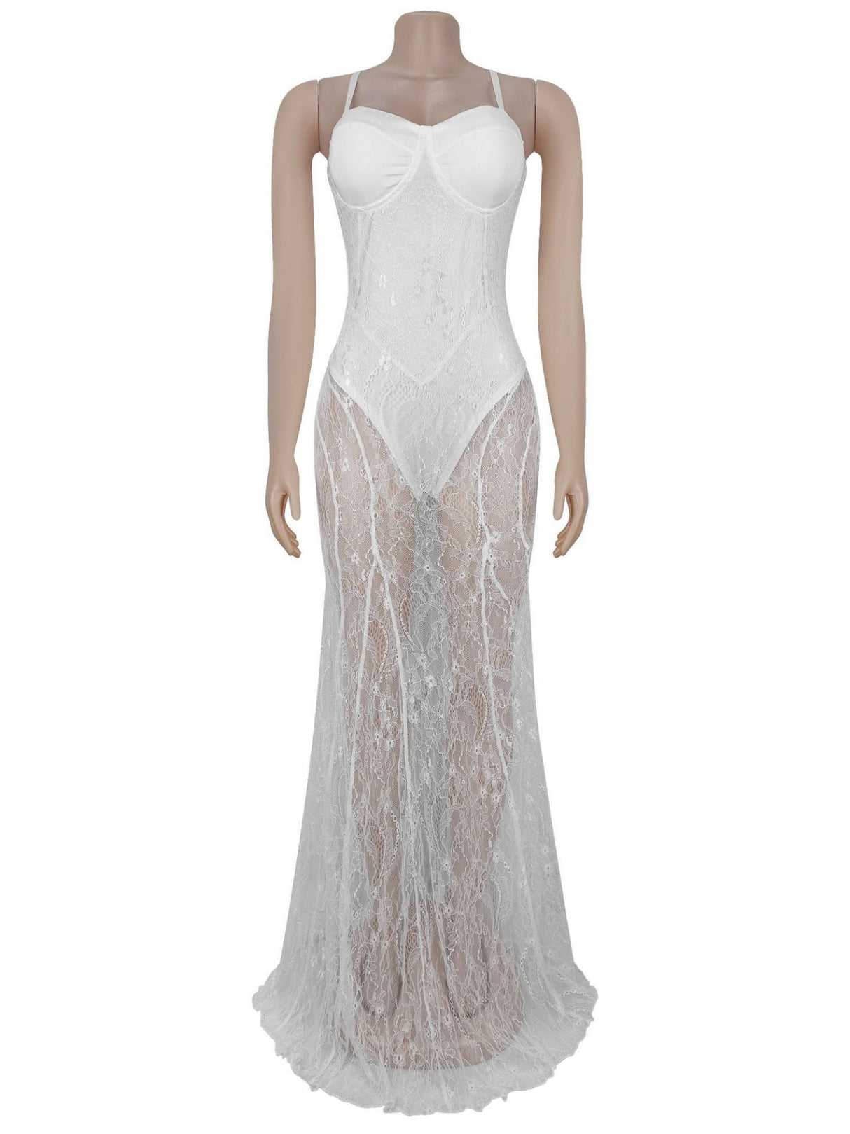 Abendkleid mit Spitzenbesatz, durchsichtiges rückenfreies Camisole, Maxikleid