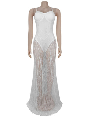 Abendkleid mit Spitzenbesatz, durchsichtiges rückenfreies Camisole, Maxikleid