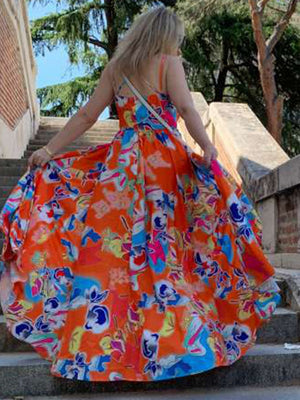 Chiffon Print Dress, Bohemian Resort Style Long Dress