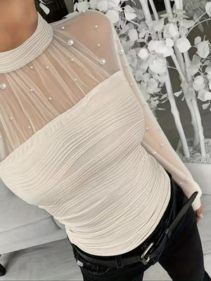 Beading Gathering Gauze T-shirt Sheer Tops