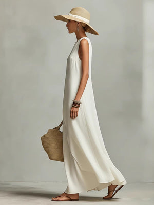 Sleeveless Asymmetrical Hem Cotton-linen Blend Long Dress