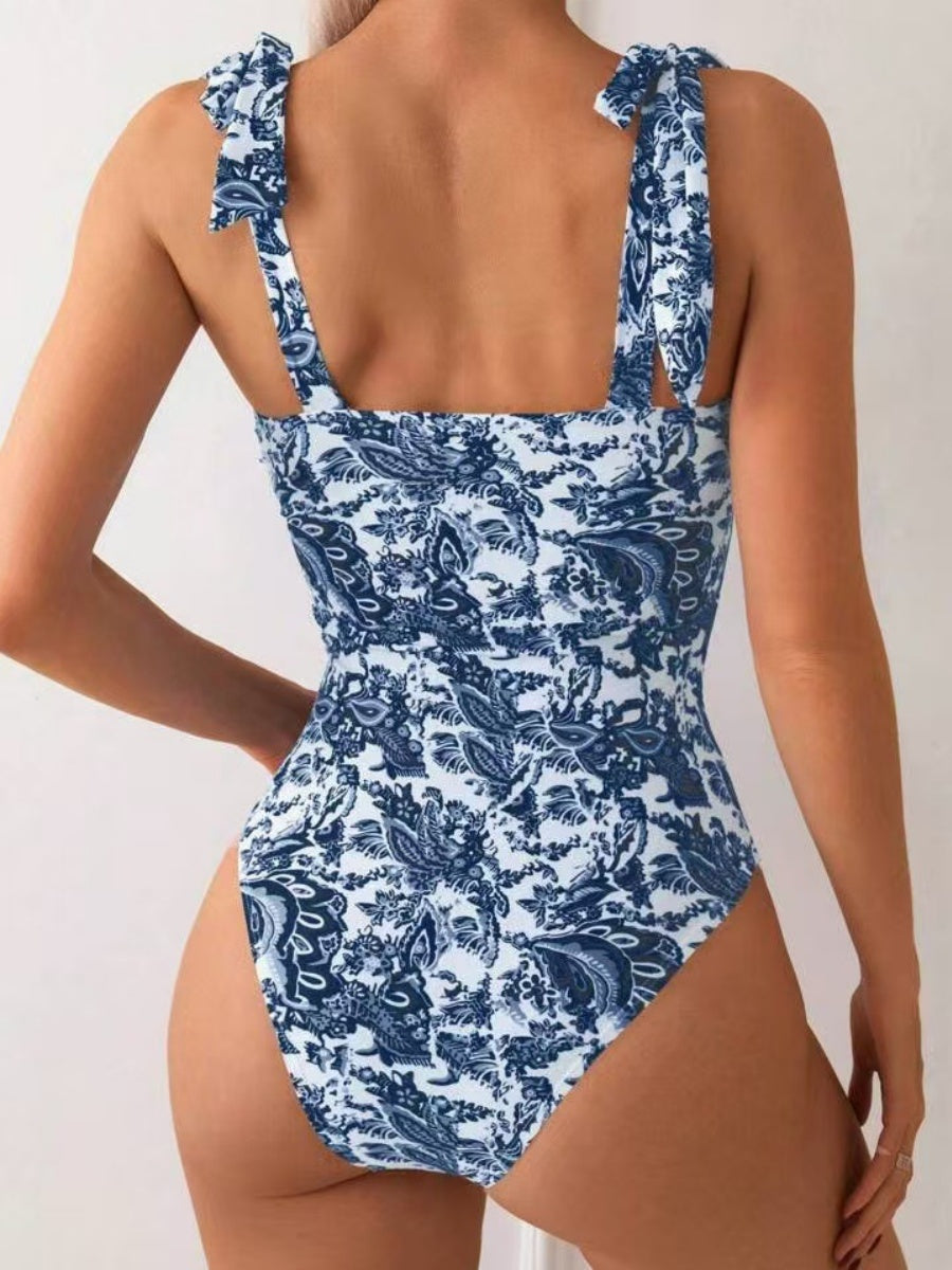 Ethnic-style Printed High-waisted Tie-up One-piece Swimsuit
