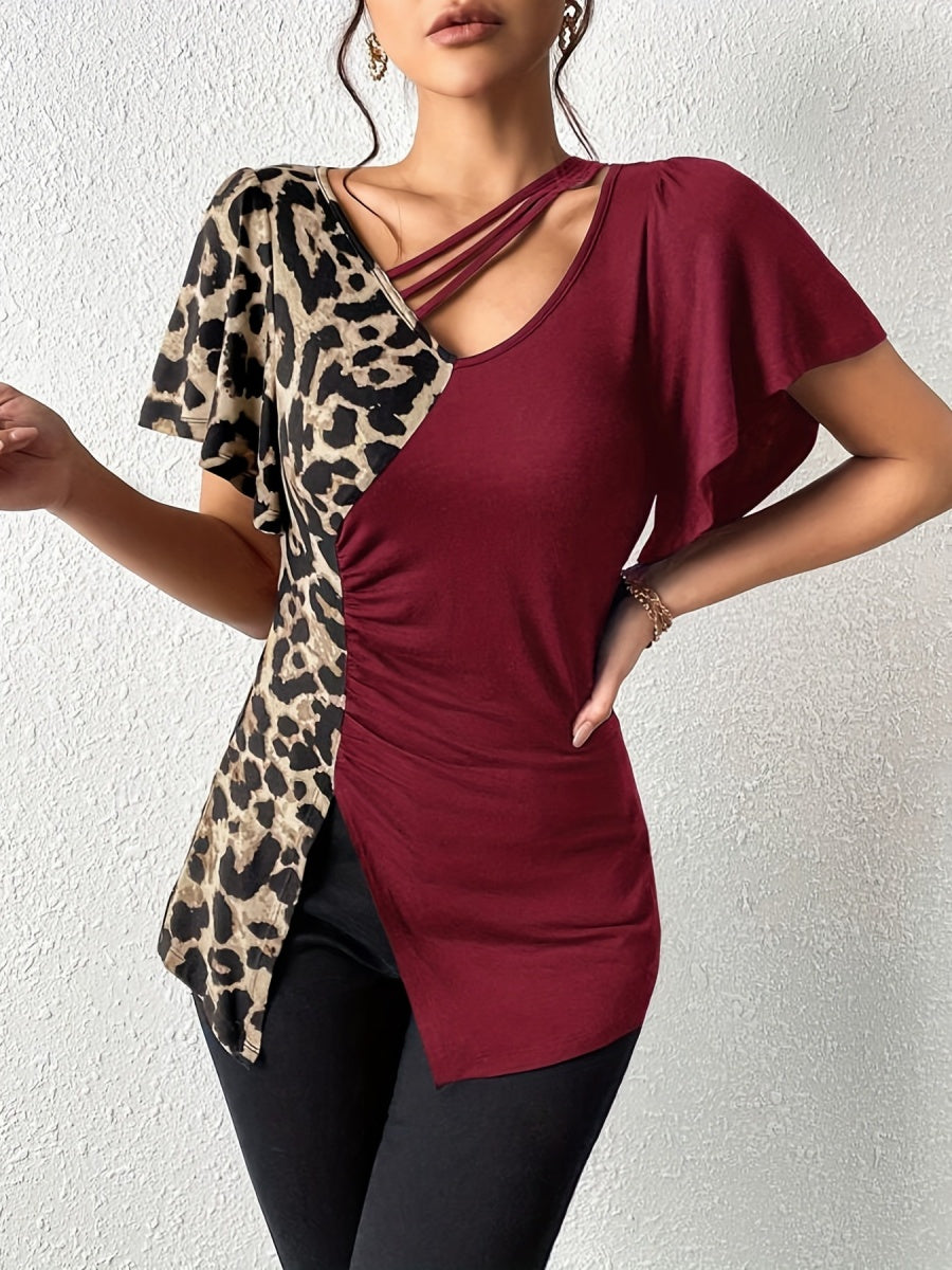 Splicing Stripes Asymmetrical Leopard Print T-shirts