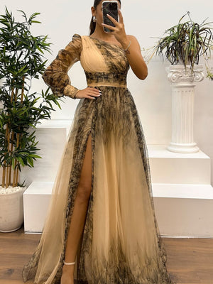 Sloping Shoulders Mesh Printed Reunion Maxi Dresses