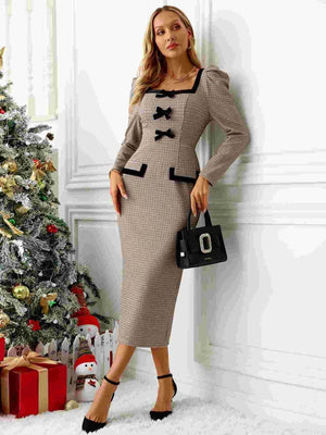 Bow Long Sleeve Tight Fit Bodycon Dress Plaid Knitting Workplace Midi Dresses