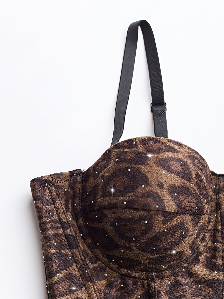 Rhinestone-studded Body Shaping Fish Bones Leopard Print Camisoles