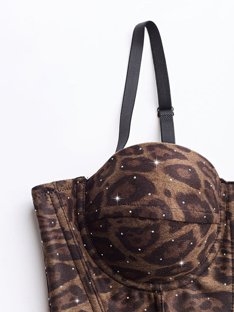 Rhinestone-studded Body Shaping Fish Bones Leopard Print Camisoles