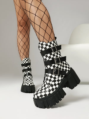 Plaid Denim Biker Punk Ankle Boots