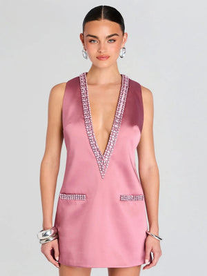 V-neck Rhinestone-studded Sleeveless Temperament Grace Parties Mini&Short Dresses