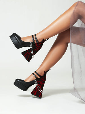 Pearl And Lace-trimmed Mary Jane High Heels