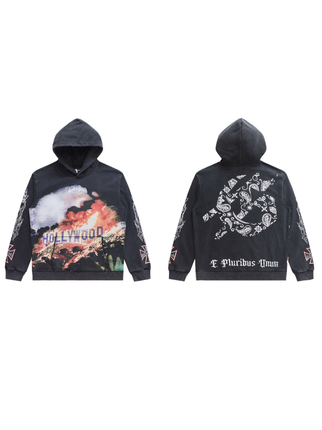 Rock Washed And Aged Printed Hooded Sweatshirt