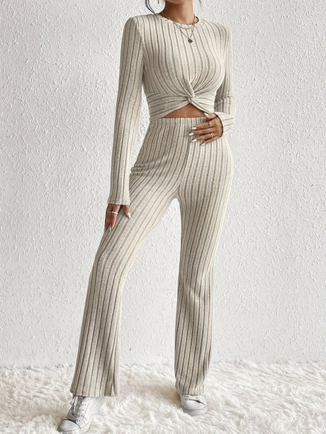 Small Round Neck Long Sleeves Tie Solid Color 2-piece Sets