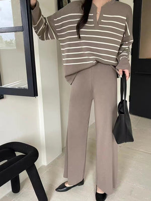 Stylish Two-piece Set: Loose Striped Knit Top, Casual High-waisted Wide-leg Knit Pants
