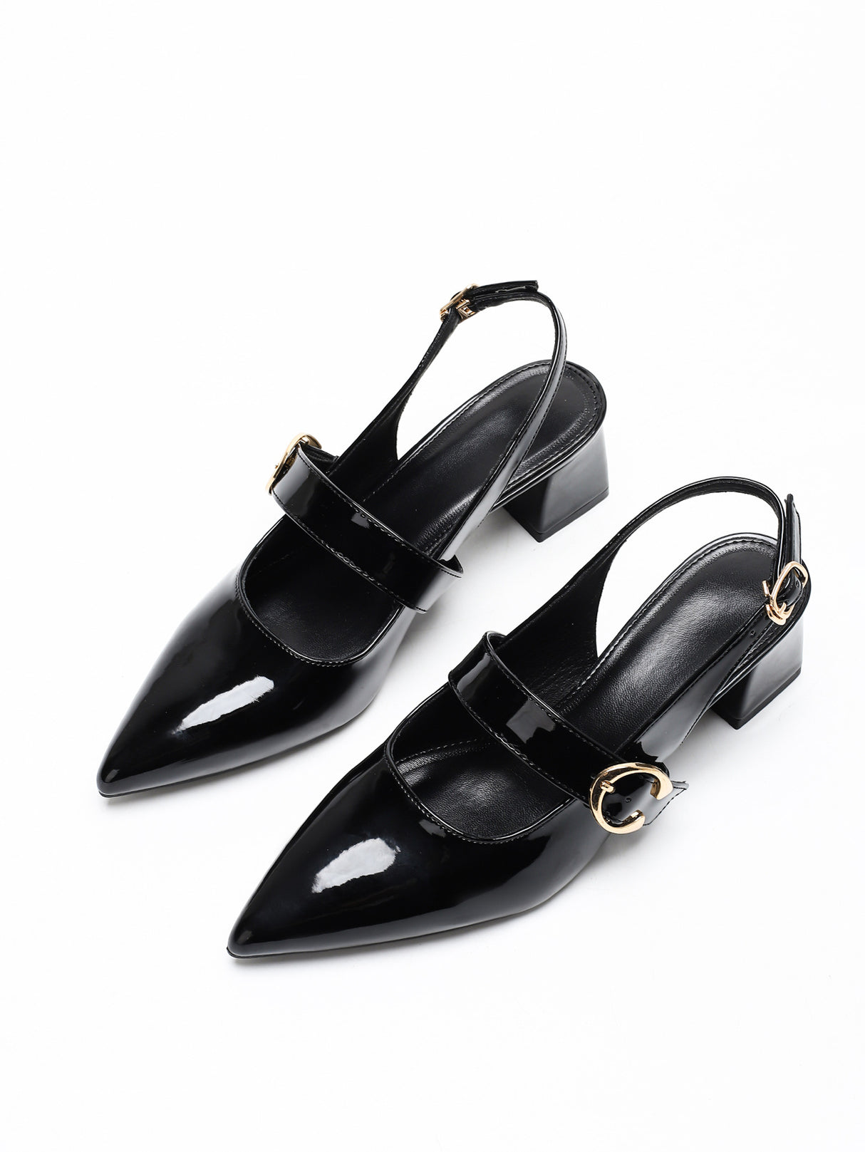 Metal Buckle Pointed Toe Open Back Chunky Heel Mary Jane Shoes