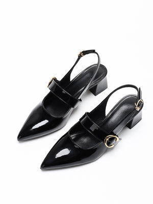 Metal Buckle Pointed Toe Open Back Chunky Heel Mary Jane Shoes