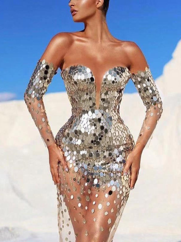 Sequins Bandage Off Shoulder Maxi Dresses