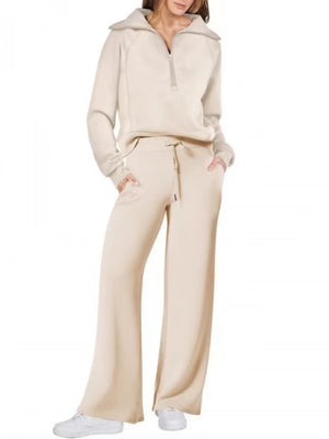 Women's Casual Sportswear Set: Zippered Long-Sleeved Sweatshirt And Wide-Leg Pants Two-Piece Set