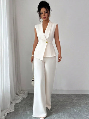 Buttons White V-neck Tank Tops Suit Trousers 2-piece Sets
