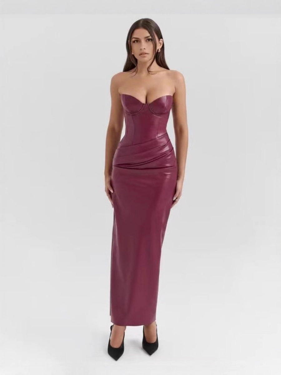 PU Leather Tube Top Bandage Slits Hip-hugging Maxi Dresses