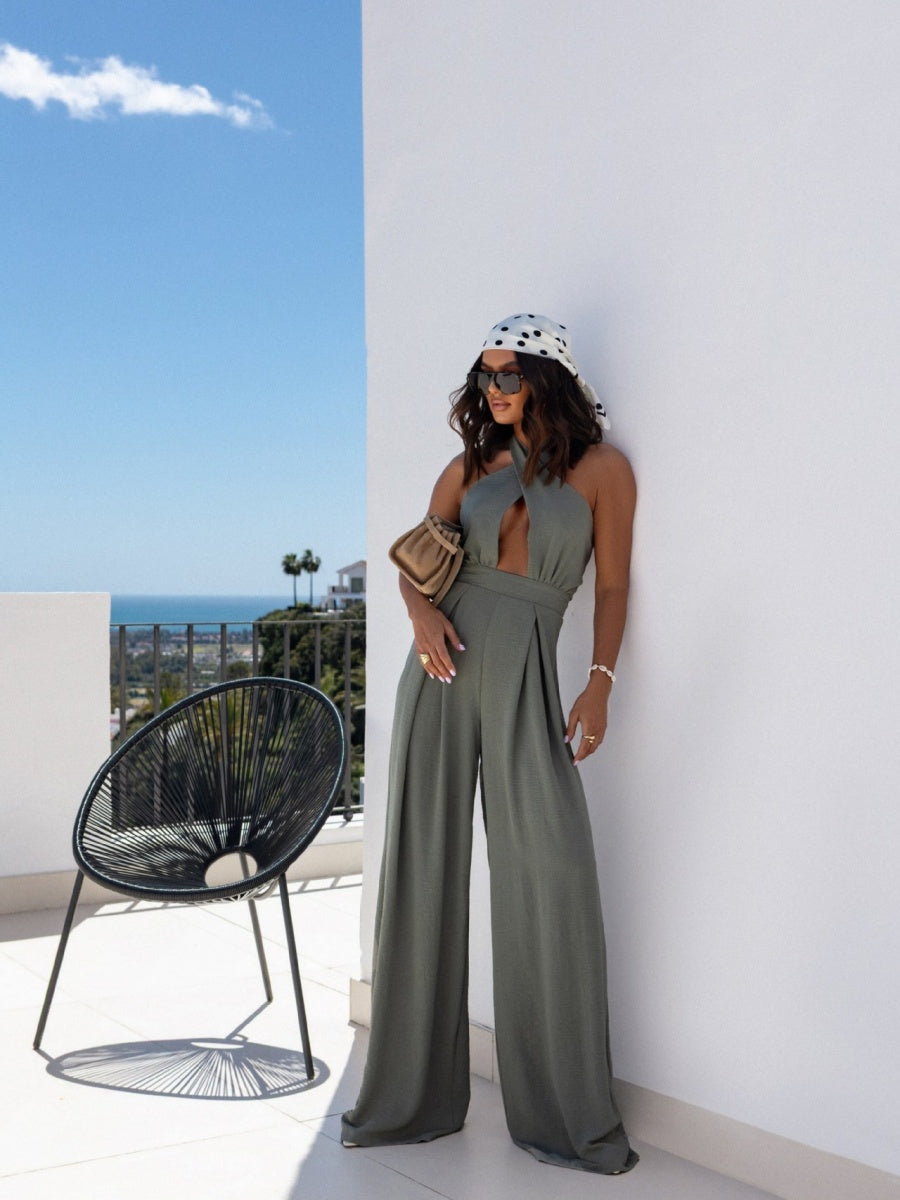 Halter Cross Wide Leg Zipper Jumpsuits