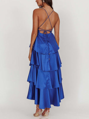 Ruffled Splicing Satin V-neck Tank Top Maxi Dresses