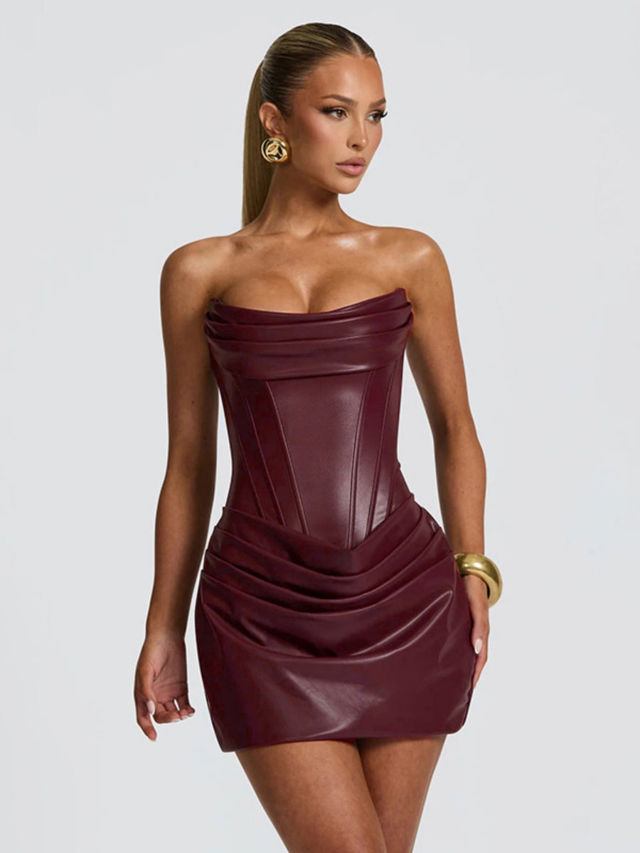 PU Pleated Fishbone Strapless A-line Bustier Mini&Short Dresses