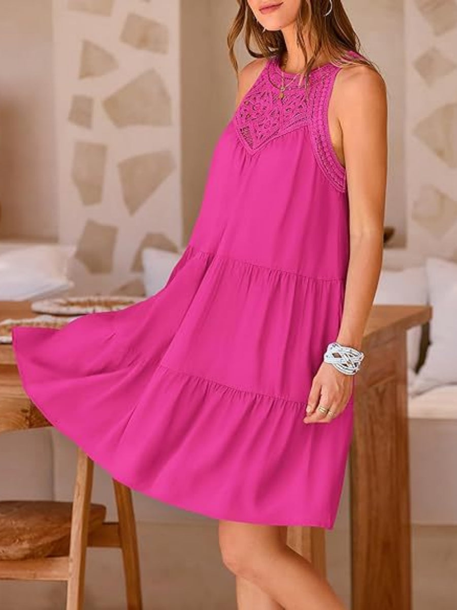 Loose-fit Trim Hollow Lace Halter Mini&Short Dresses