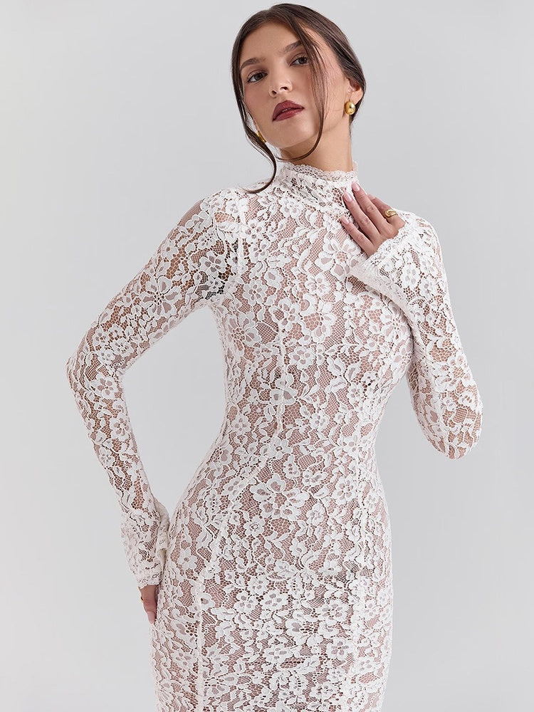 White Lace Long Sleeve Crew Neck Fishtail Slim Fit Dress