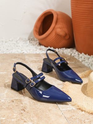 Metal Buckle Pointed Toe Open Back Chunky Heel Mary Jane Shoes