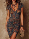 Hippie Style Printed V-neck Hip-hugging Mini&Short Dresses