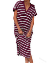 Stripes V-neck Short Sleeve Low-split Lapel Maxi Dresses