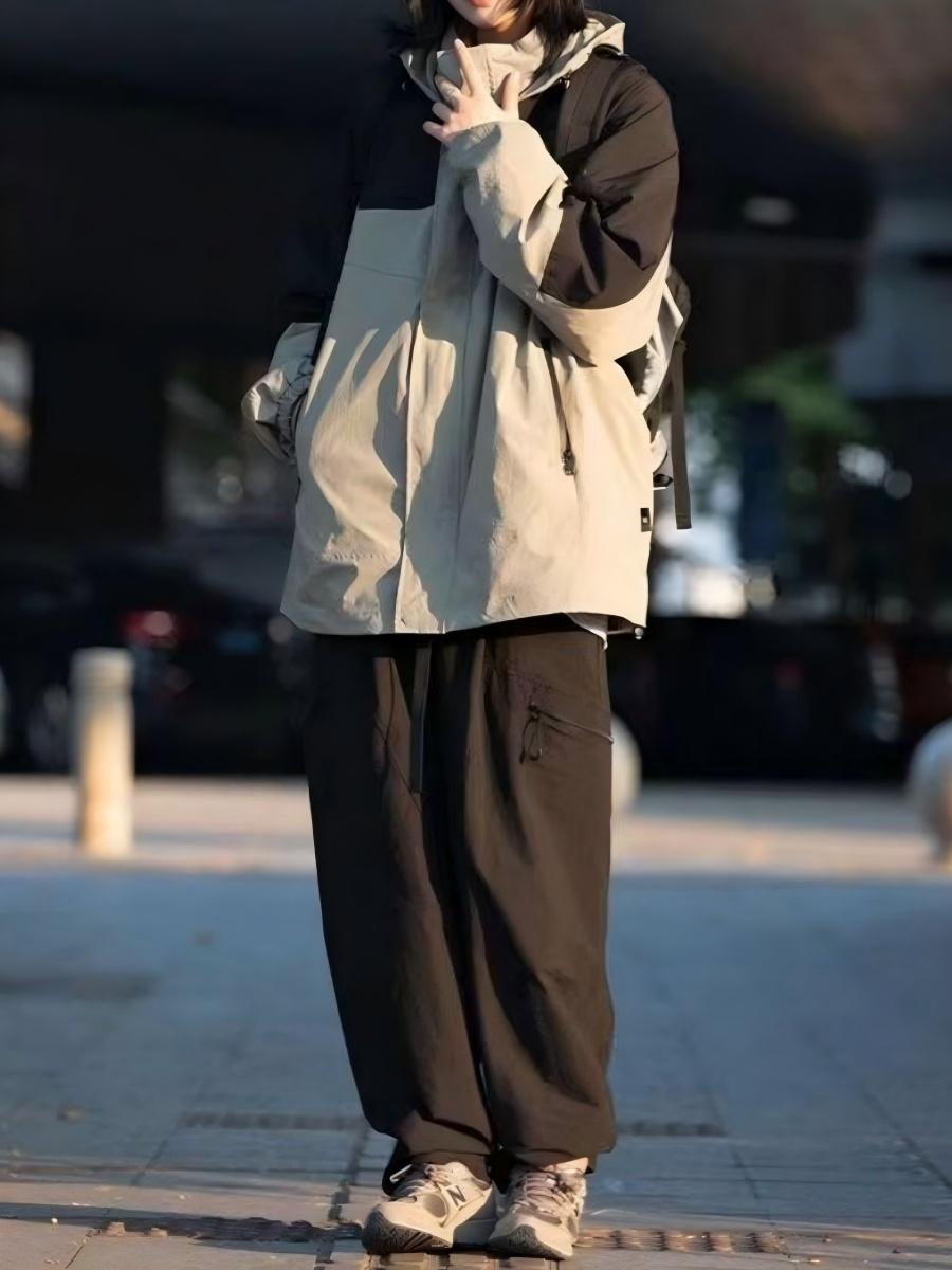 Workwear Style Color Matching Zipper Hooded Coat