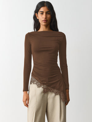 New Women's Simple Solid Color Design, Lace Trim And Slits At The Hem, Slim Fit Long Sleeve Top