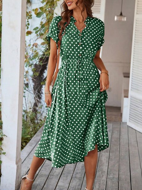 Polka Dots Polo Collar Waist Tie Short Sleeves Maxi Dresses