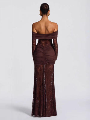 Schulterfreie, hohle Spitzeneinsätze, langärmelige, hüftbetonte Maxikleider