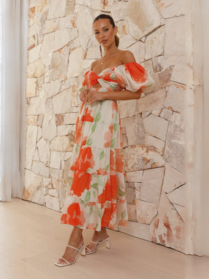 Printed Puff Sleeve Sweetheart Collar Vacation Maxi Dresses