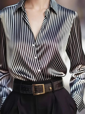 Stripes Single-breasted Slim-fit Satin Casual Shirts