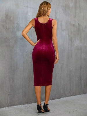 Square Neck, Slit, Bodycon Halter Top Velvet Midi Dress