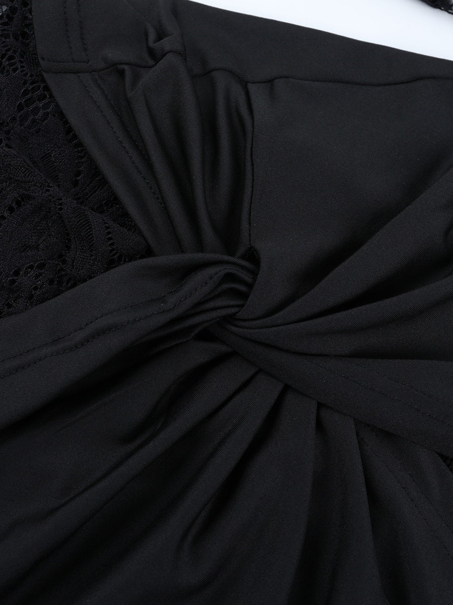 Lace Crew Neck Long Sleeve Ribbon Slim Fit Hip-hugging Mini&Short Dresses