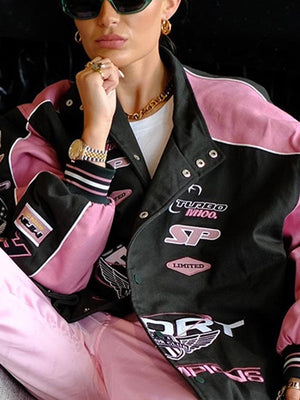 Pink Pink Casual Long-Sleeve With Letter Print Jackets